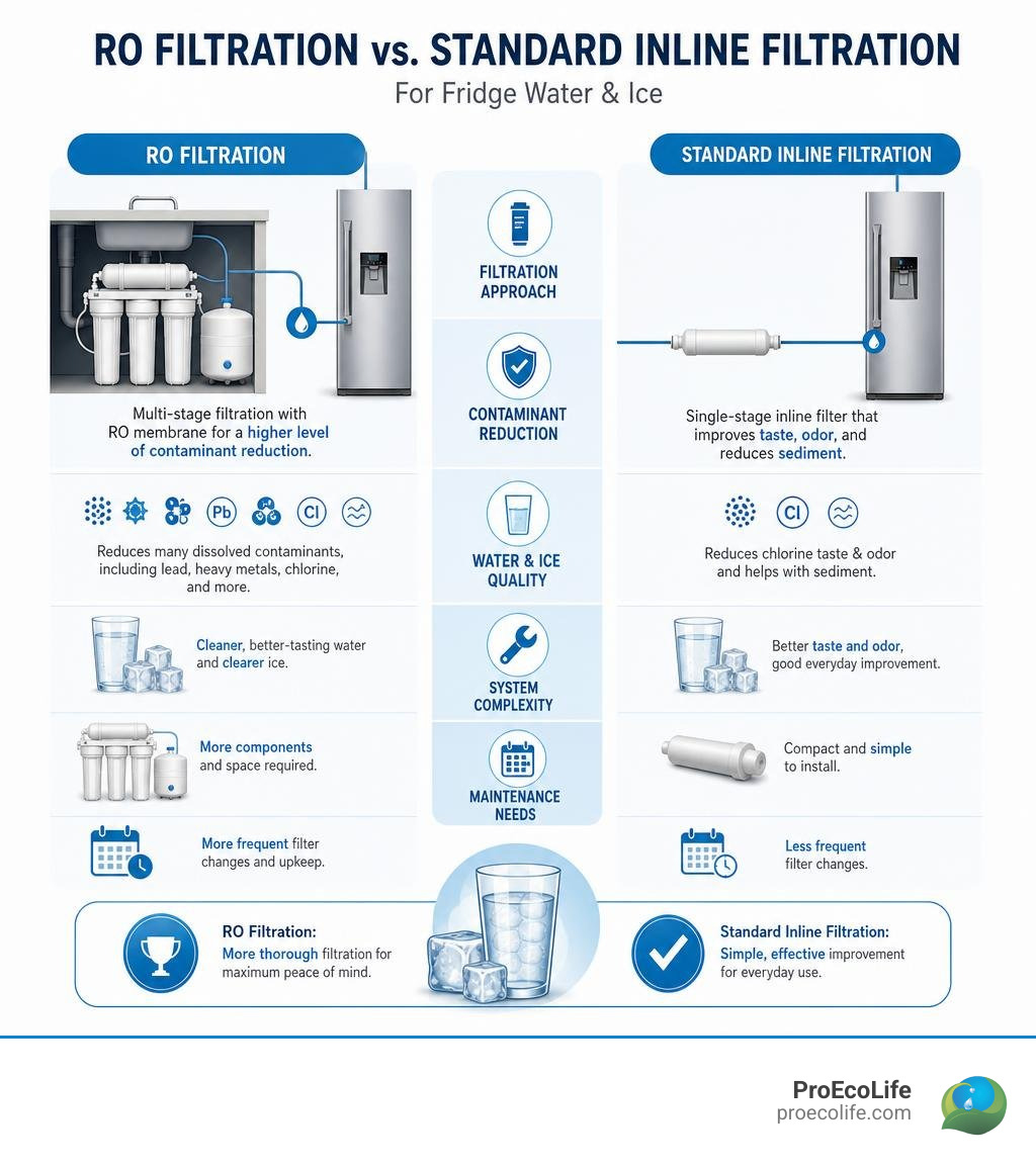 Infographic comparing RO filtration and standard inline fridge filtration for water and ice infographic