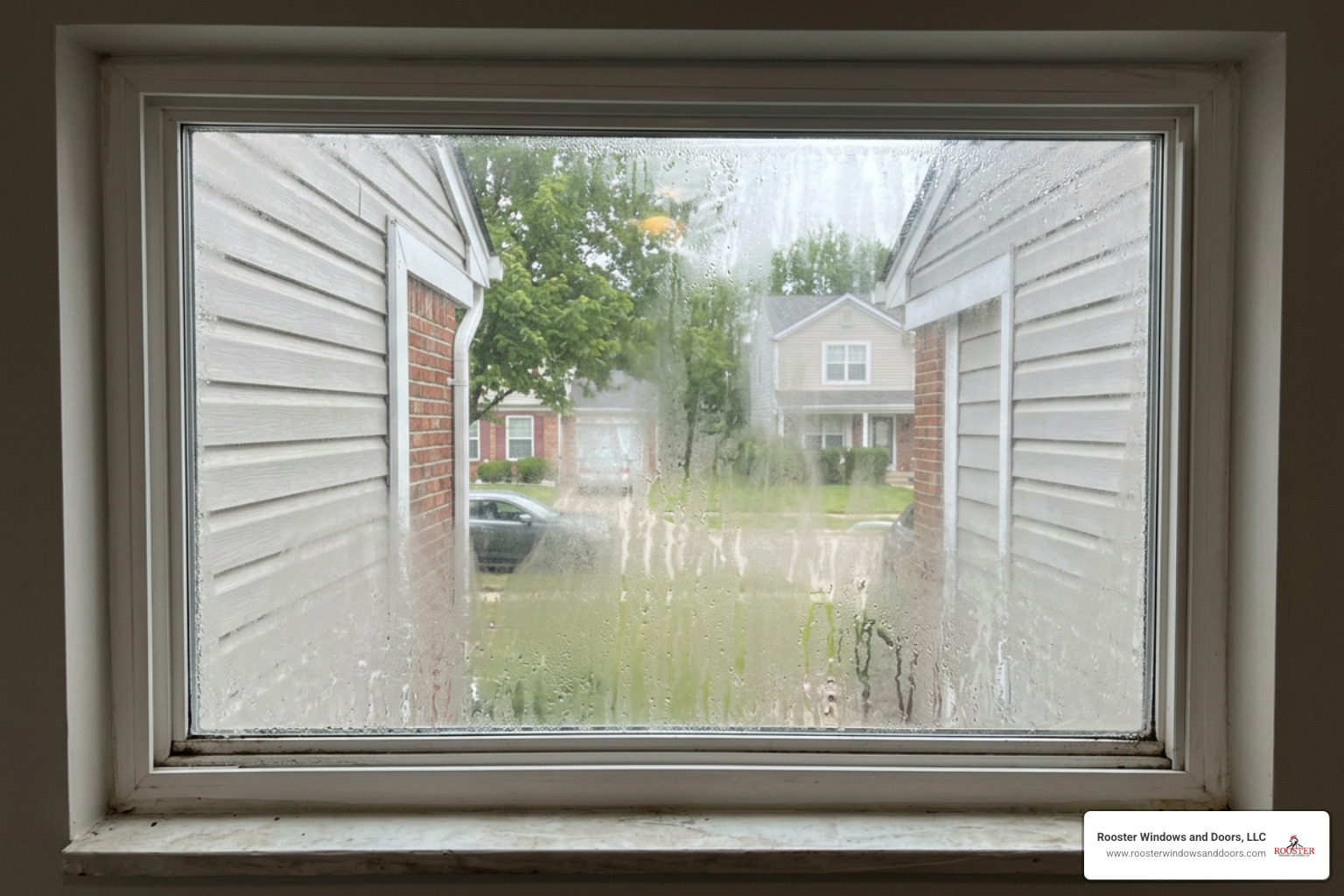 Failing window seal showing condensation and trapped moisture between panes