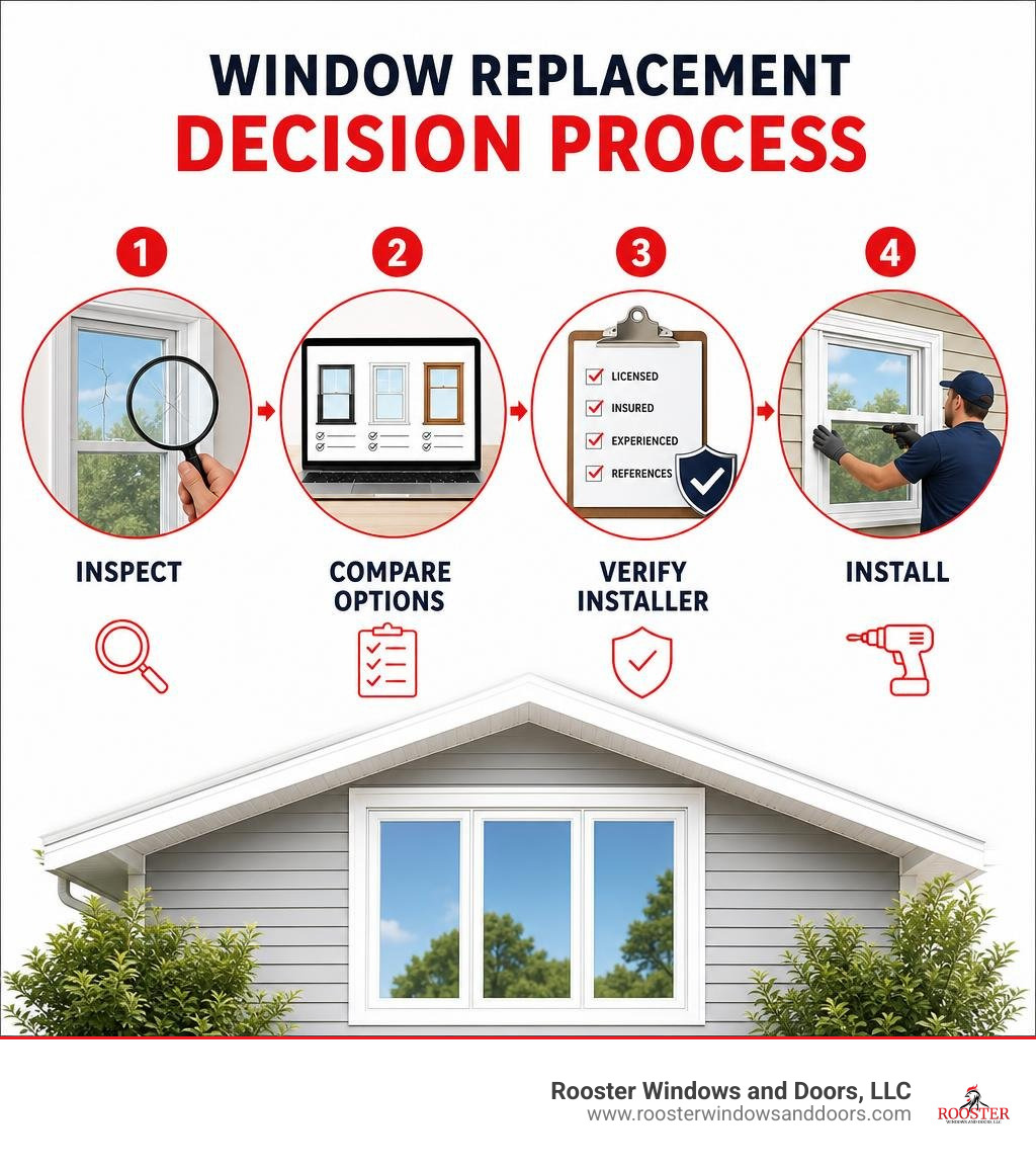 Window replacement decision process: inspect, compare options, verify installer, install infographic