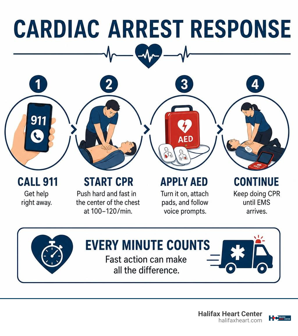 Cardiac arrest response: call 911, start CPR, apply AED, continue until EMS arrives infographic