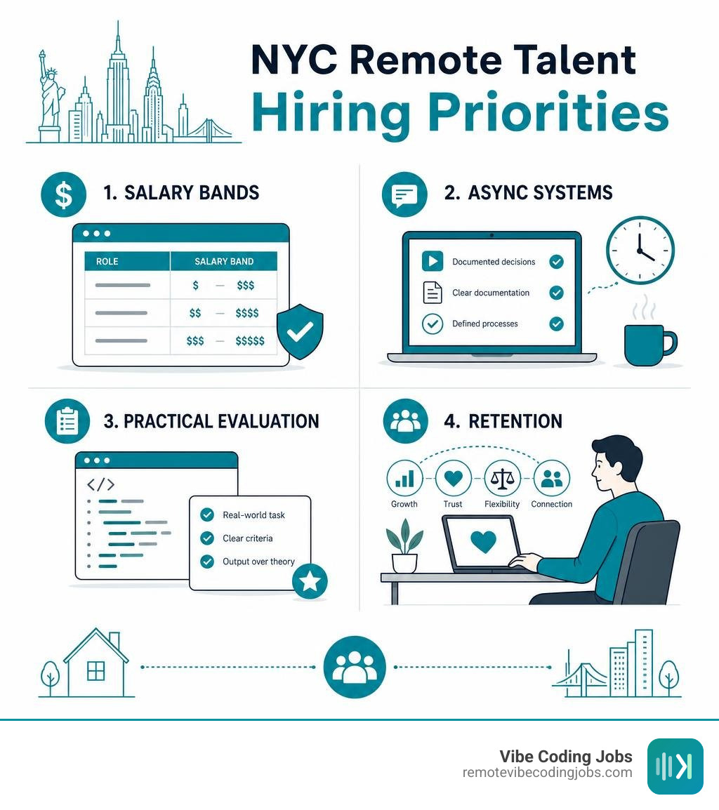 NYC remote talent hiring priorities: salary bands, async systems, practical evaluation, retention infographic