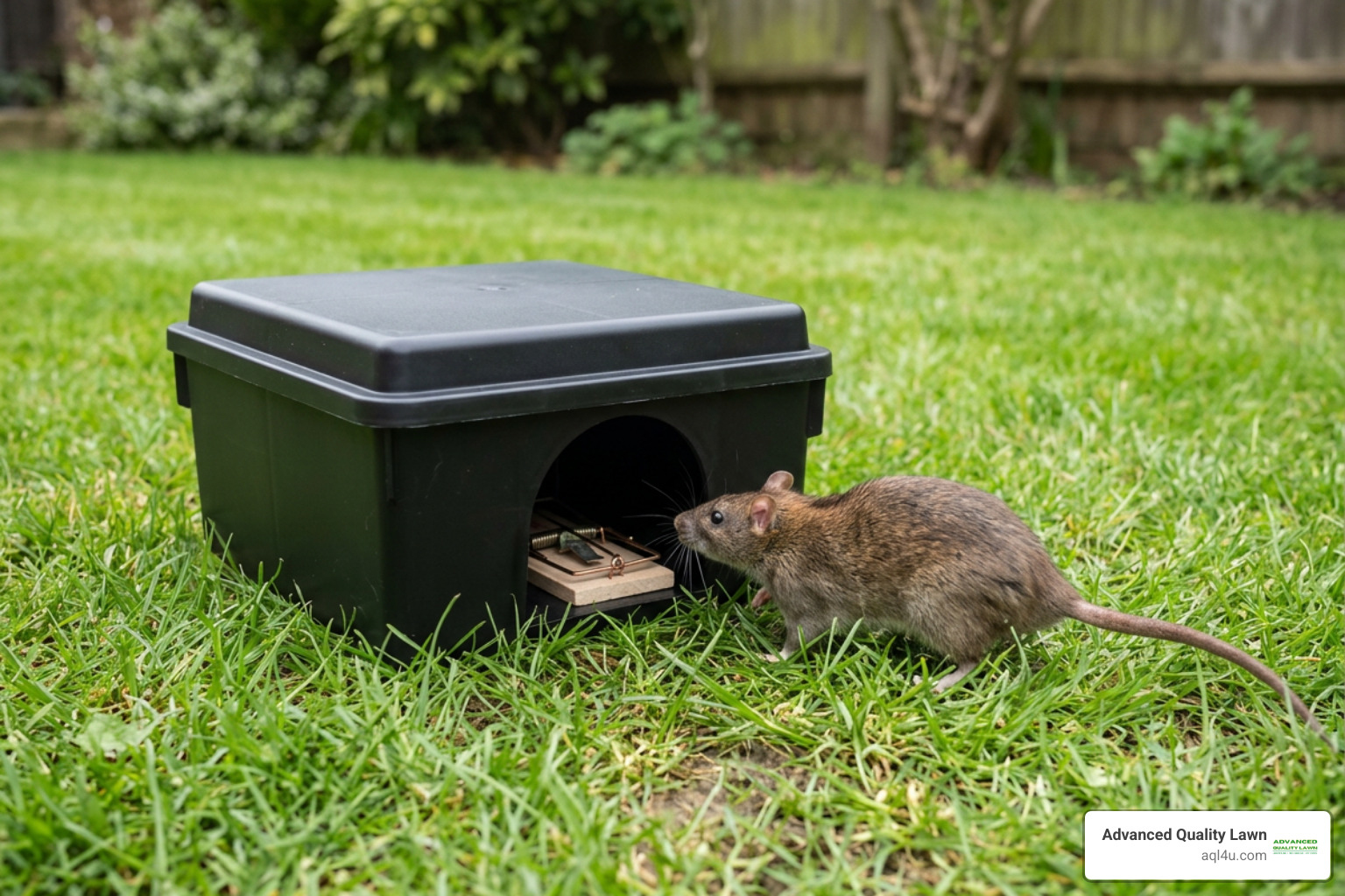 Outdoor rat snap trap inside secure tamper-resistant box Outdoor rat snap trap inside secure tamper-resistant box