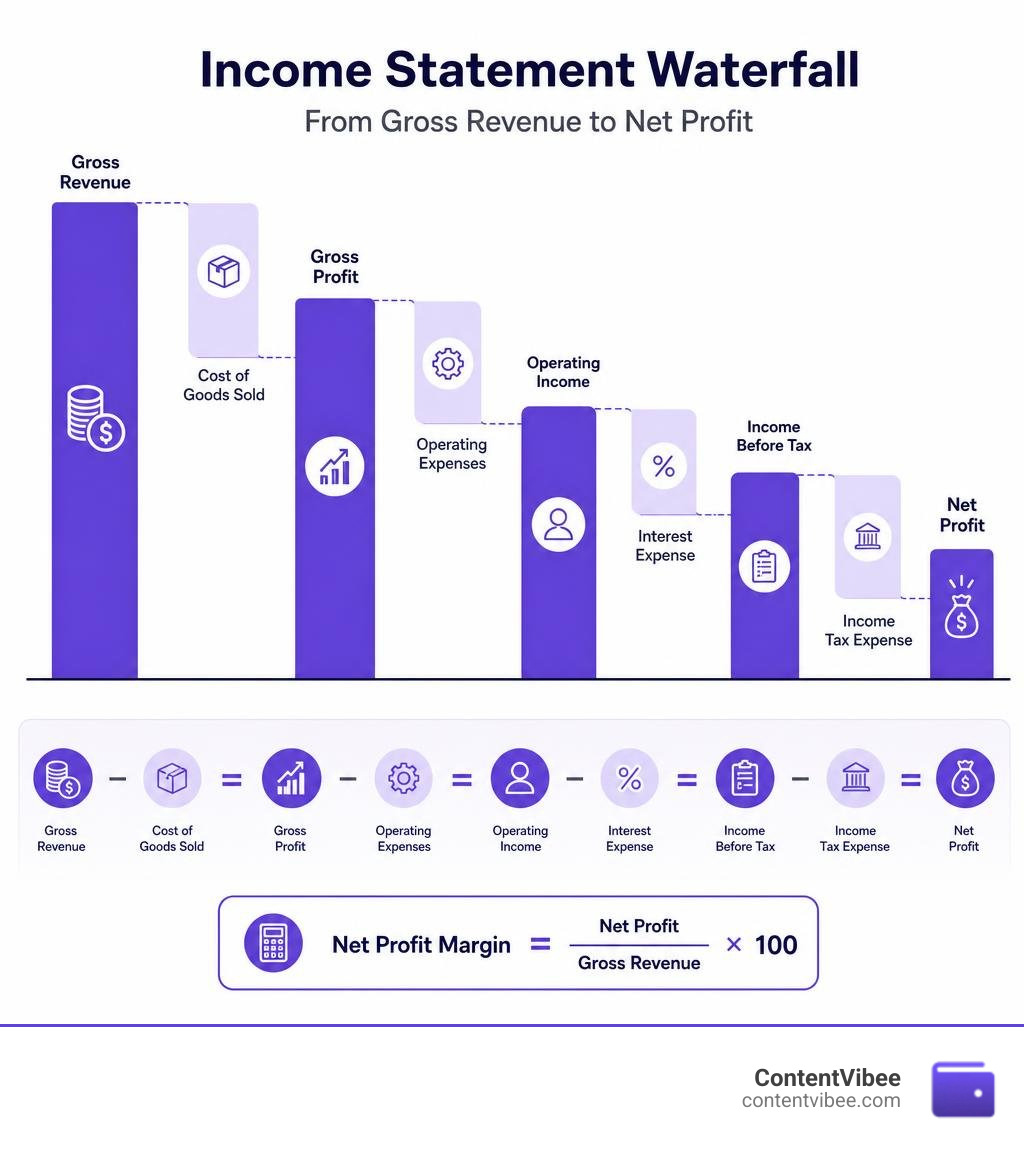 income statement waterfall from gross revenue to net profit infographic