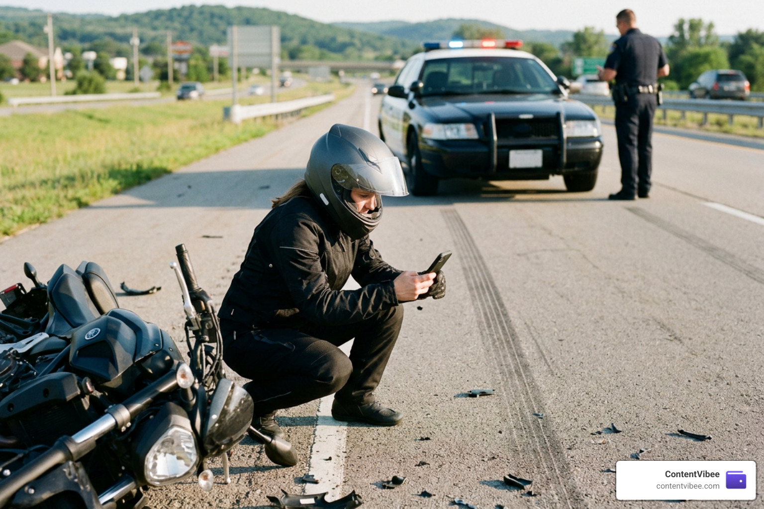 Rider documenting crash scene evidence and vehicle damage after a motorcycle accident