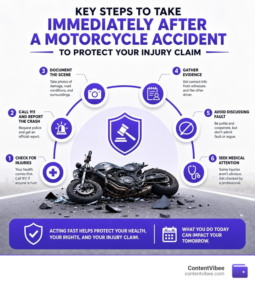 Key steps to take immediately after a motorcycle accident to protect your injury claim infographic