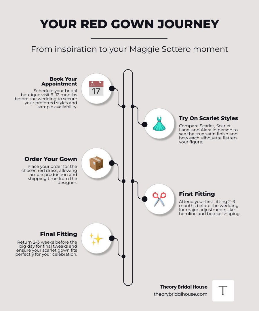 Red Maggie Sottero gown shopping timeline from appointment to final dress refinements infographic Red Maggie Sottero gown shopping timeline from appointment to final dress refinements infographic