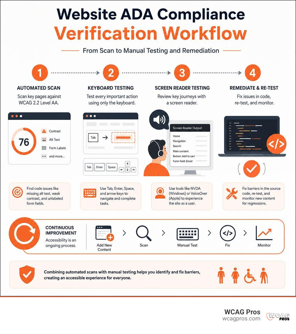 Website ADA compliance verification workflow from scan to manual testing and remediation infographic Website ADA compliance verification workflow from scan to manual testing and remediation infographic