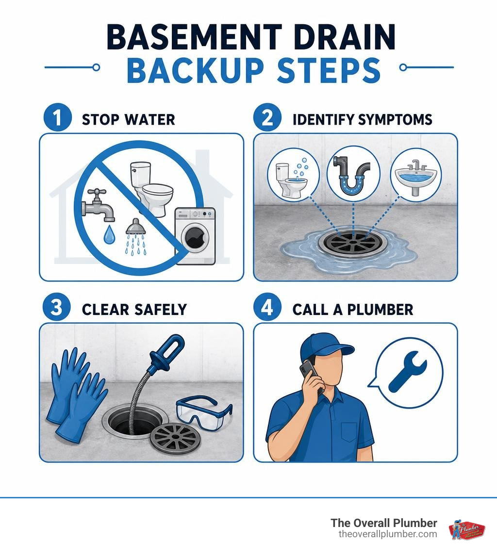 Basement drain backup steps: stop water, identify symptoms, clear safely, call a plumber infographic Basement drain backup steps: stop water, identify symptoms, clear safely, call a plumber infographic