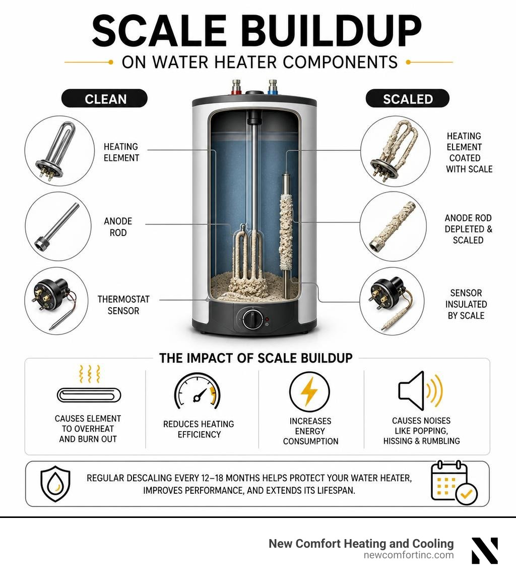Scale buildup on water heater components infographic Scale buildup on water heater components infographic
