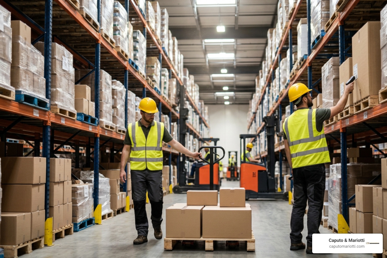 Industrial workers on an active logistics floor wearing required personal protective gear Industrial workers on an active logistics floor wearing required personal protective gear