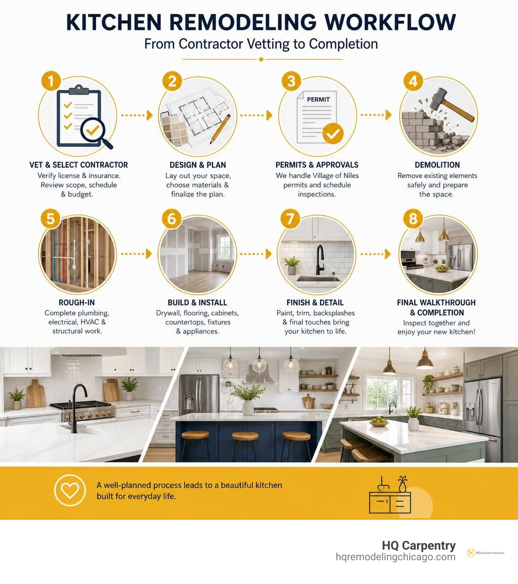Kitchen remodeling workflow from contractor vetting and design through permits and completion infographic Kitchen remodeling workflow from contractor vetting and design through permits and completion infographic