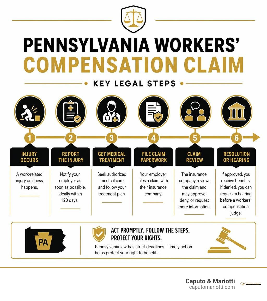 Black and gold infographic outlining the key legal steps of a Pennsylvania workers compensation claim infographic Black and gold infographic outlining the key legal steps of a Pennsylvania workers compensation claim infographic