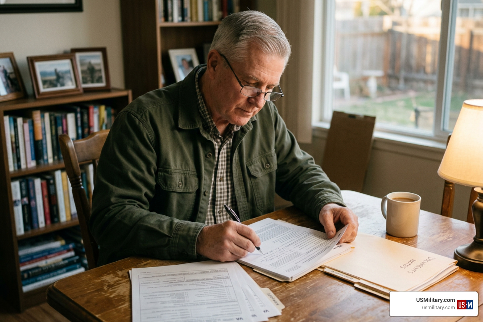 American veteran reviewing VA disability claim paperwork American veteran reviewing VA disability claim paperwork
