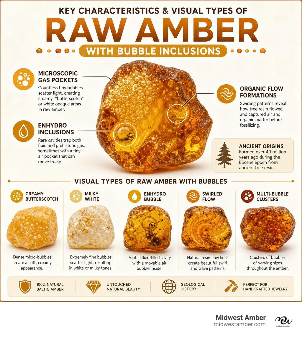 Key characteristics and visual types of raw amber with bubble inclusions infographic Key characteristics and visual types of raw amber with bubble inclusions infographic