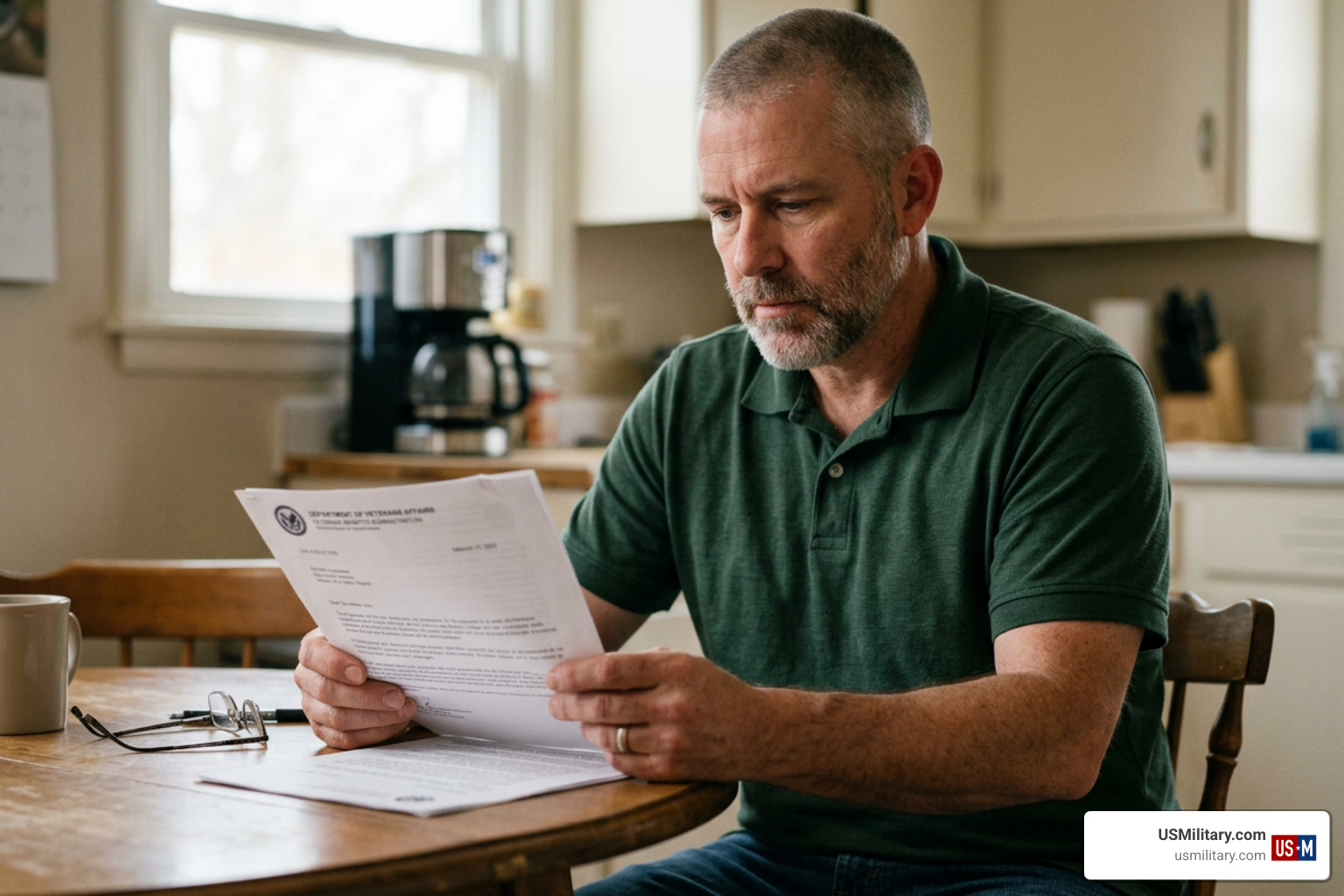 Army veteran reviewing a VA rating decision notification letter Army veteran reviewing a VA rating decision notification letter
