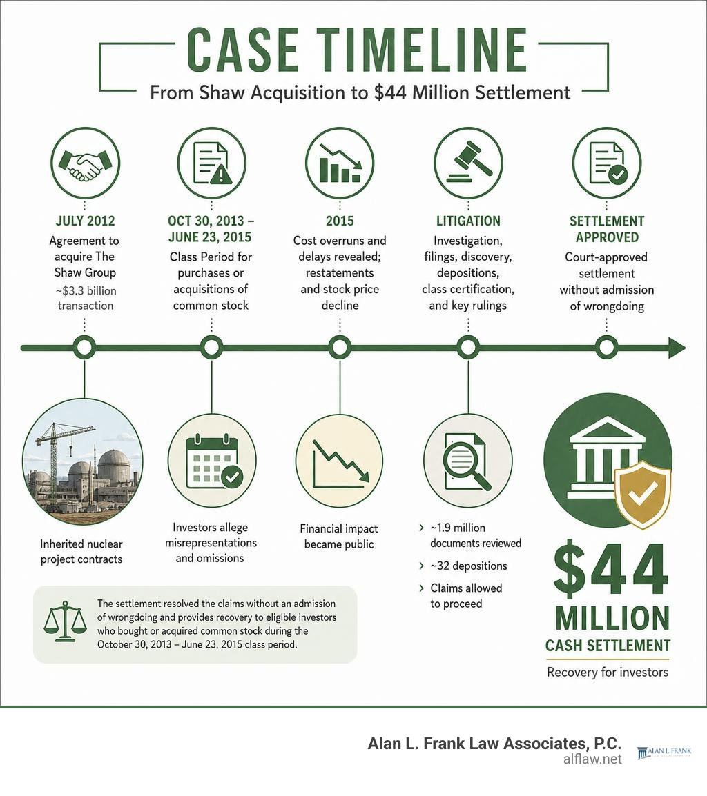 Chicago Bridge and Iron case timeline from Shaw acquisition to 44 million dollar settlement infographic