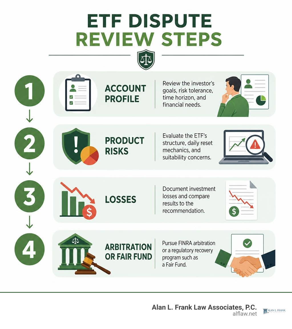 ETF dispute review steps: account profile, product risks, losses, arbitration or Fair Fund infographic
