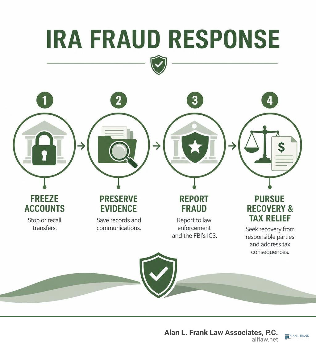 IRA fraud response: freeze accounts, preserve evidence, report fraud, pursue recovery and tax relief infographic