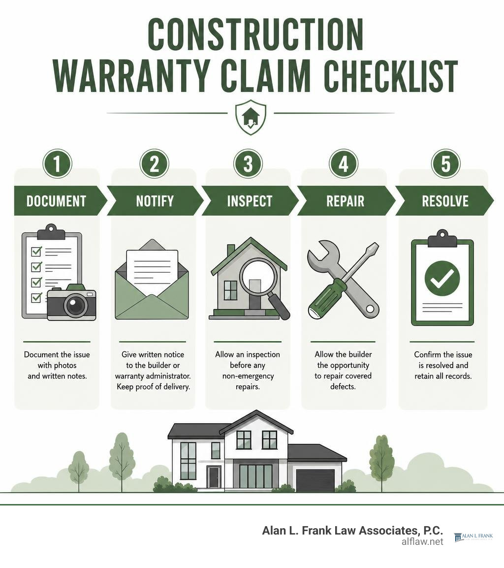 Construction warranty claim checklist: document, notify, inspect, repair, resolve infographic