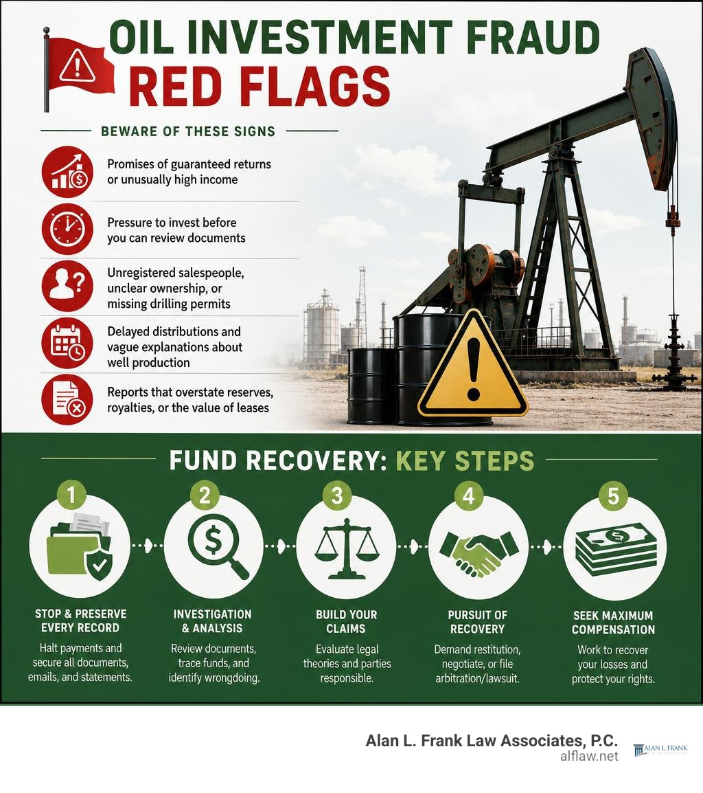 Oil investment fraud red flags and fund recovery steps infographic