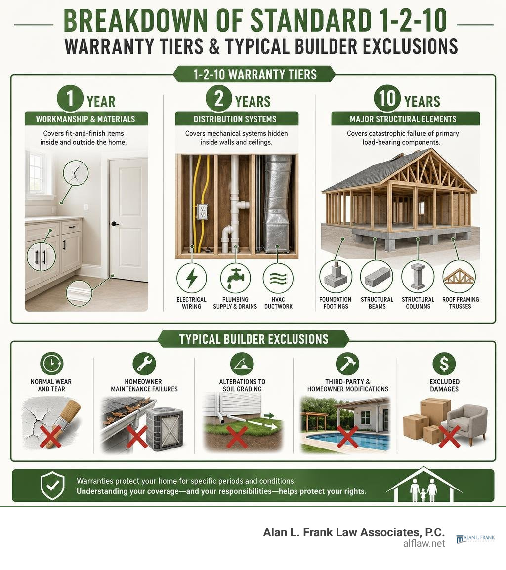 Breakdown of standard 1-2-10 warranty tiers and typical builder exclusions infographic