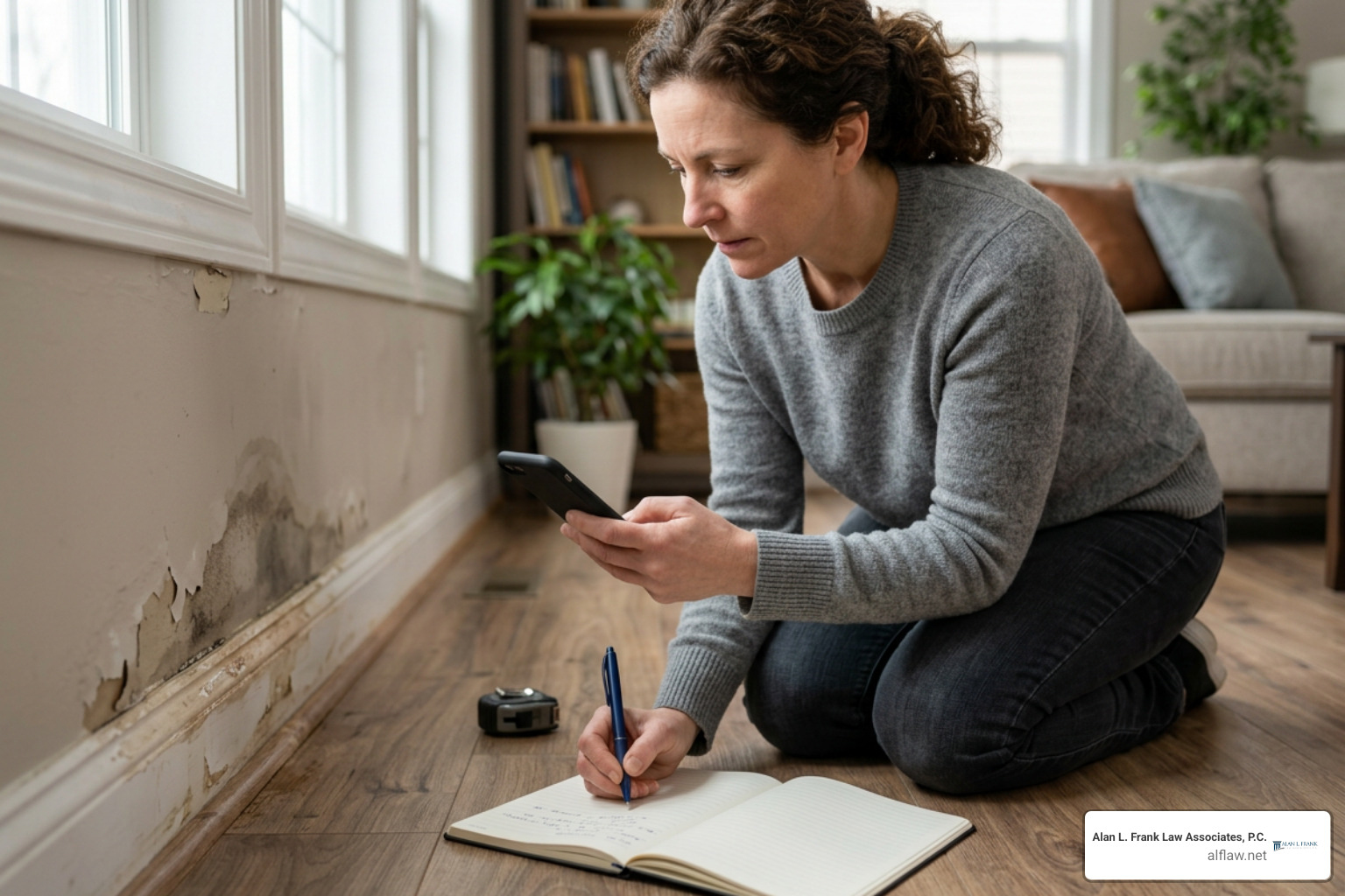 homeowner documenting water intrusion damage with written claims log