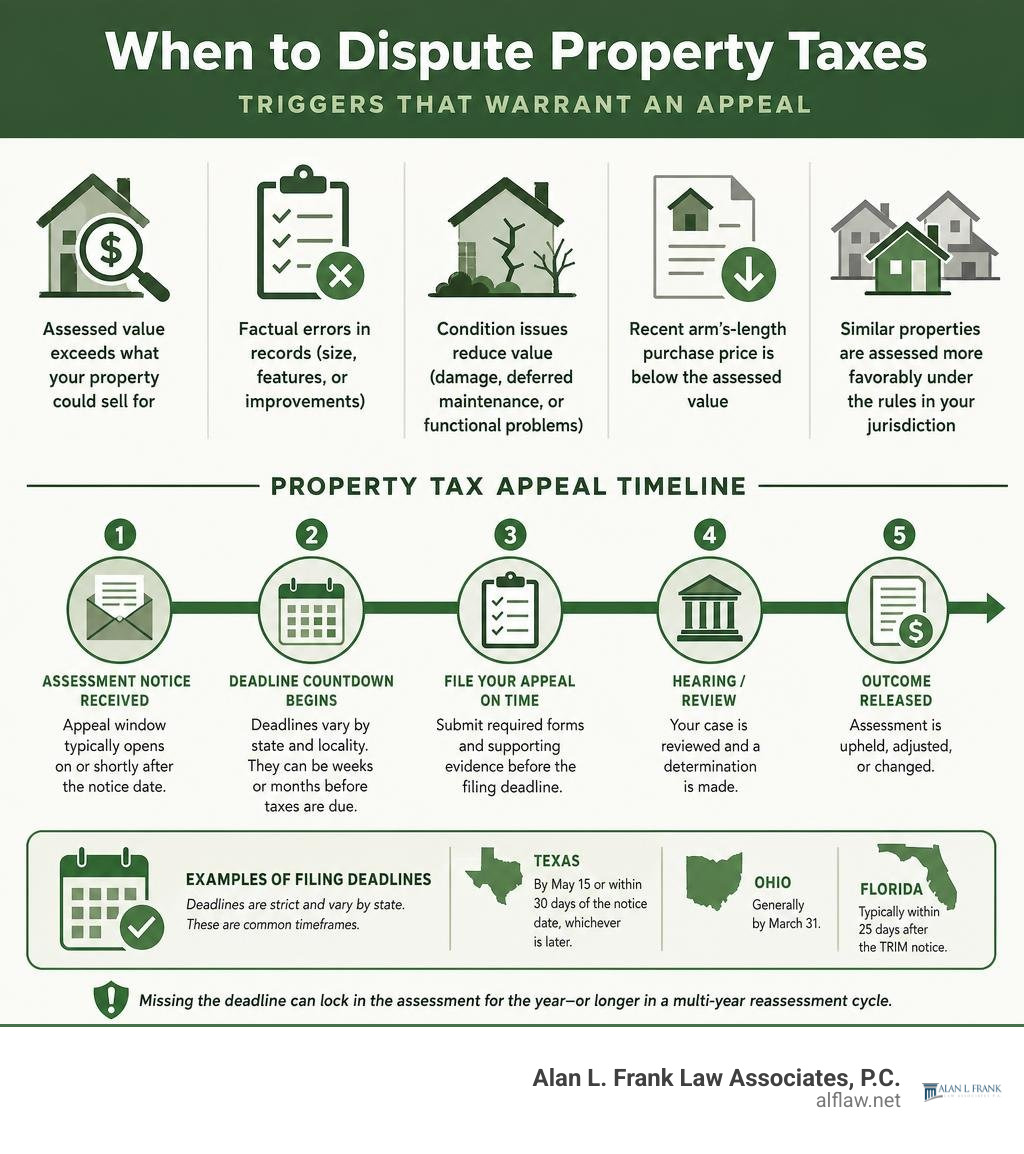 infographic showing property tax appeal triggers and filing deadline timeline infographic