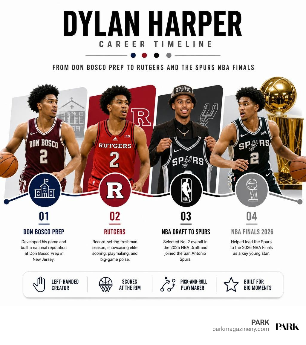 Dylan Harper career timeline from Don Bosco Prep to Rutgers and the Spurs NBA Finals infographic Dylan Harper career timeline from Don Bosco Prep to Rutgers and the Spurs NBA Finals infographic