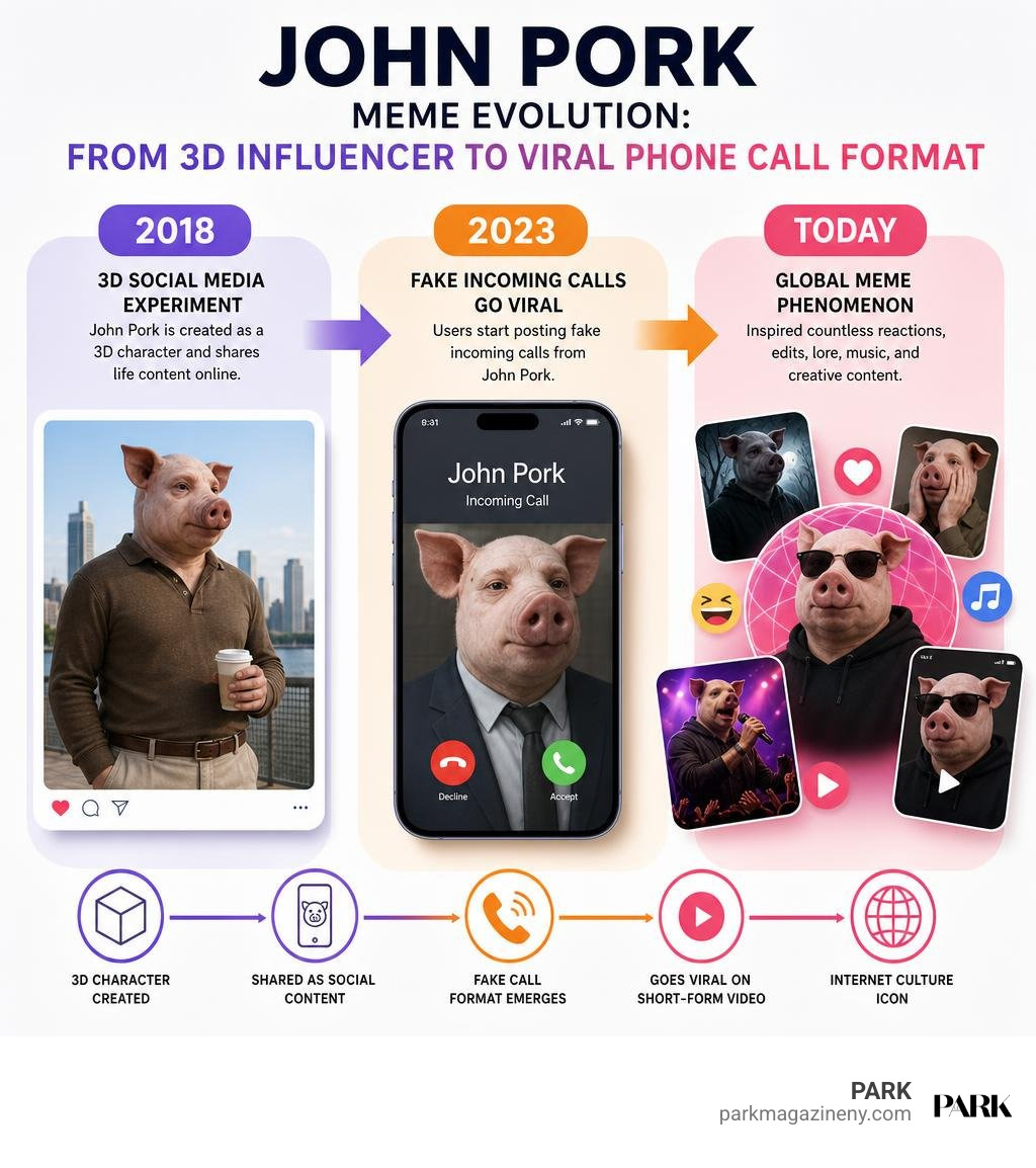 John Pork meme evolution from 3D influencer to viral phone call format infographic John Pork meme evolution from 3D influencer to viral phone call format infographic