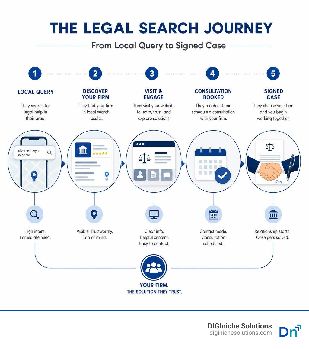 Infographic showing legal search journey from local query to consultation and signed case infographic Infographic showing legal search journey from local query to consultation and signed case infographic