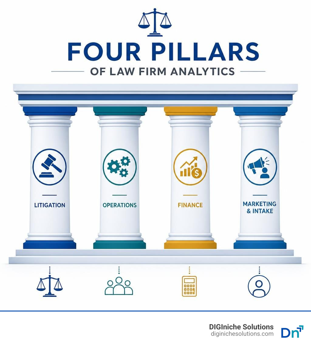 Four pillars of law firm analytics: litigation, operations, finance, marketing and intake infographic