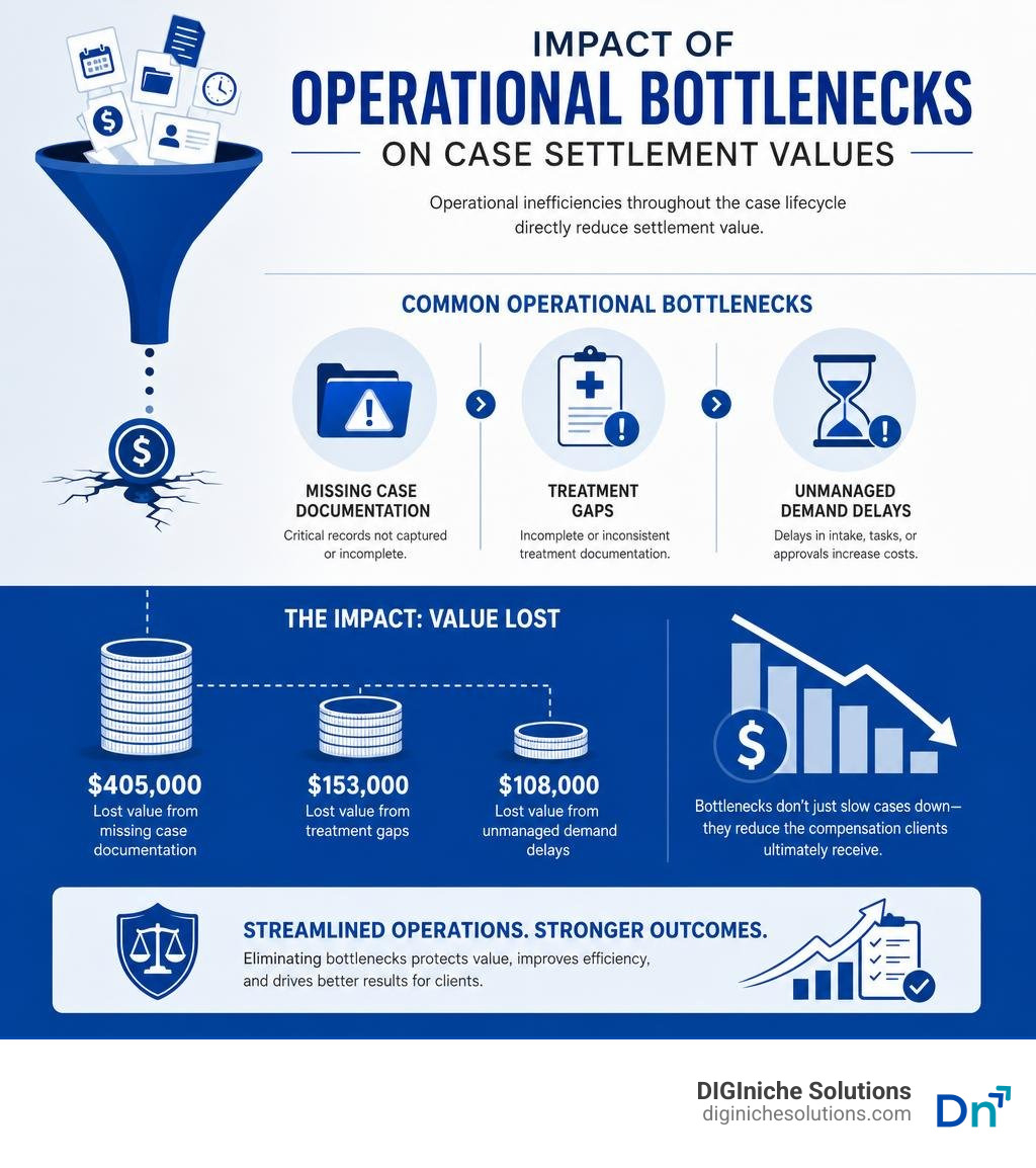 Impact of operational bottlenecks on case settlement values infographic