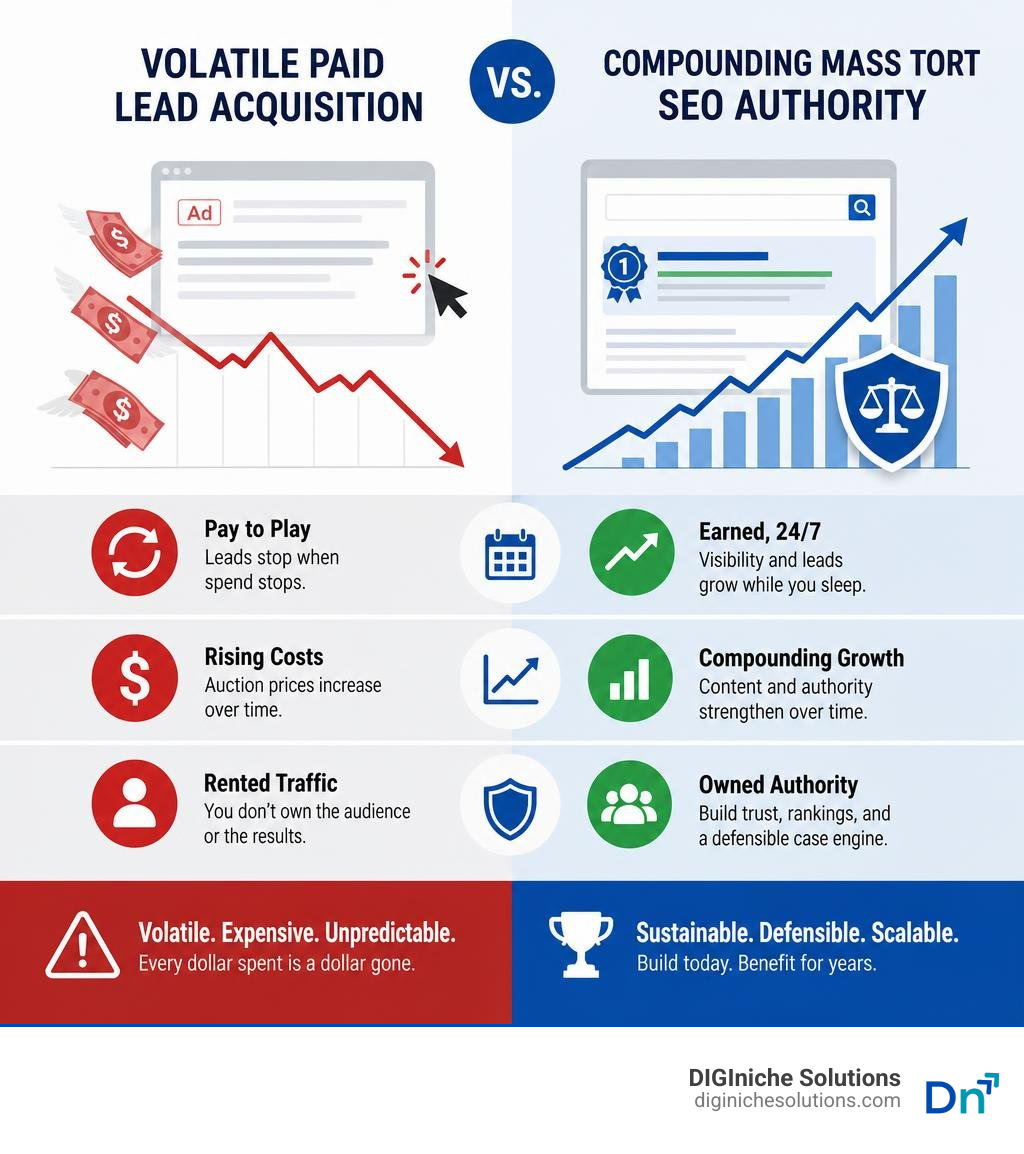 Comparison of volatile paid lead acquisition versus compounding mass tort SEO authority infographic