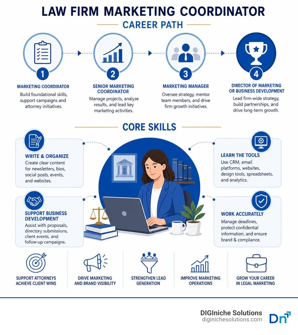 Law firm marketing coordinator career path and core skills infographic