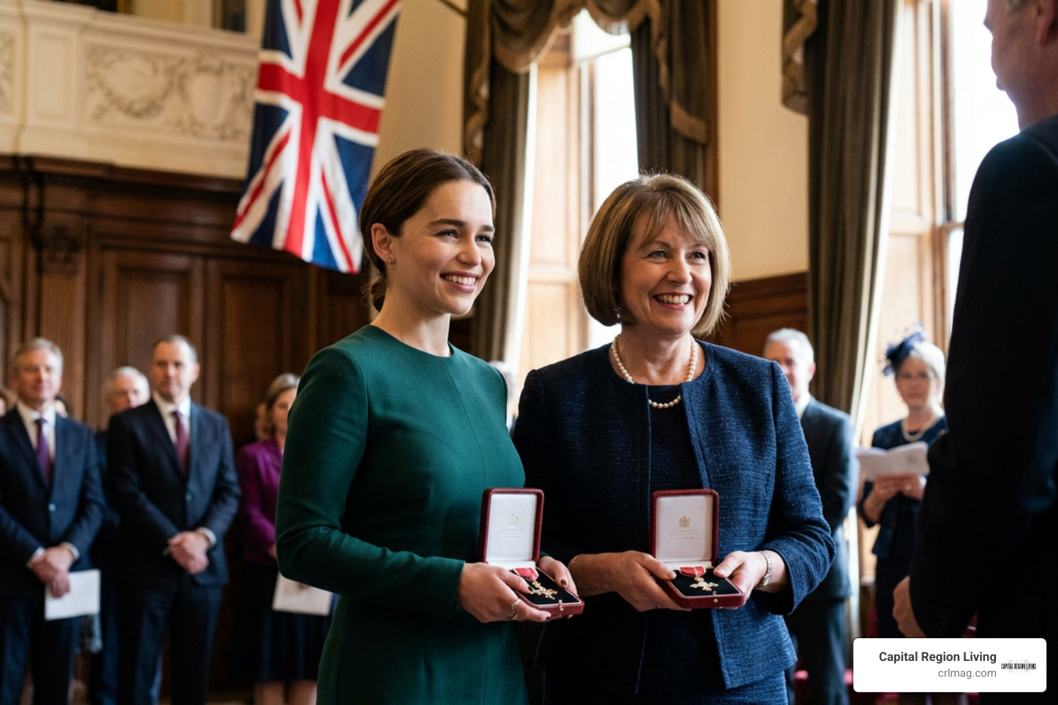 Emilia Clarke and her mother Jennie receiving their MBE honours