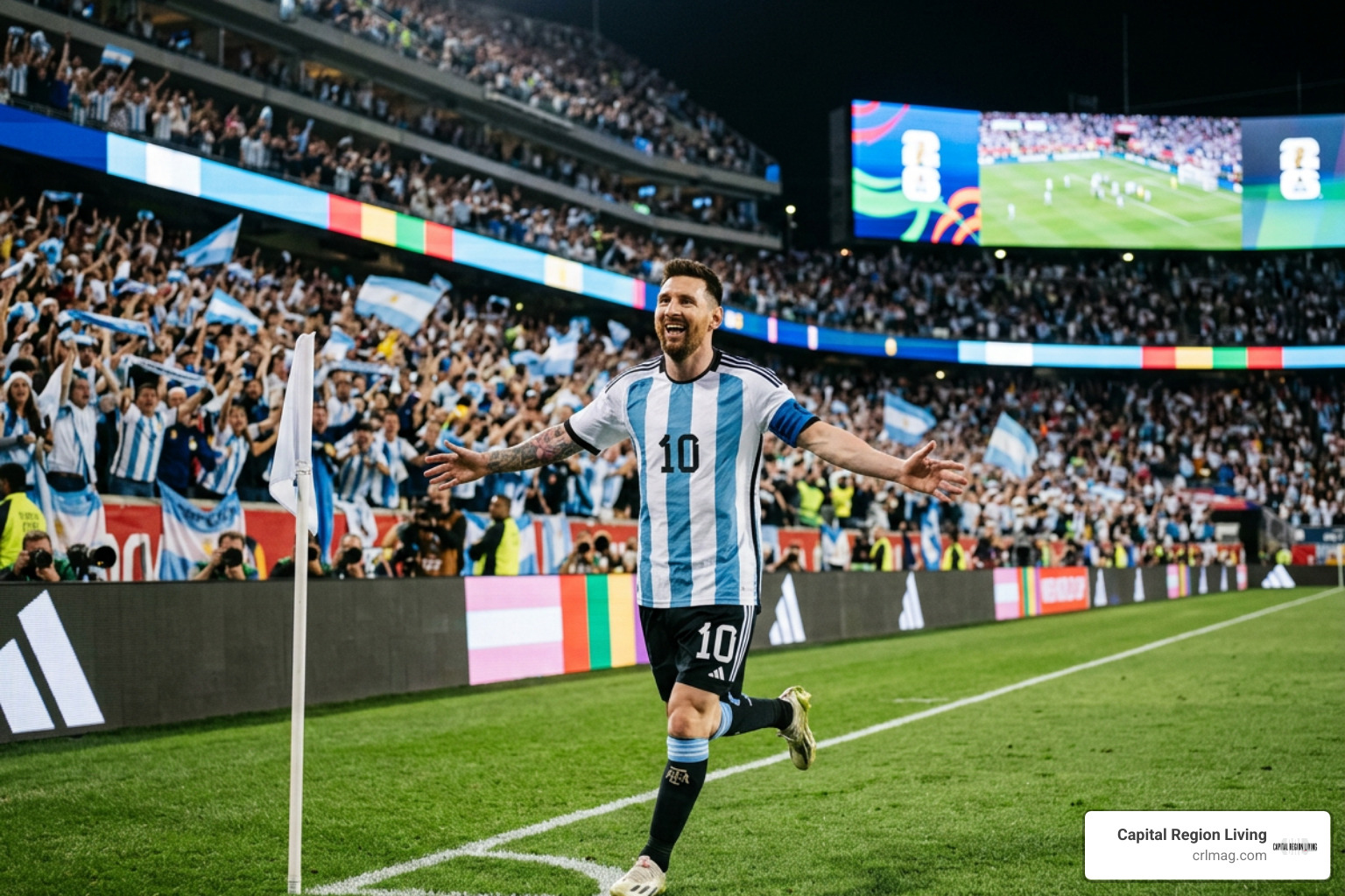 Messi celebrating an Argentina goal during the 2026 knockout stage