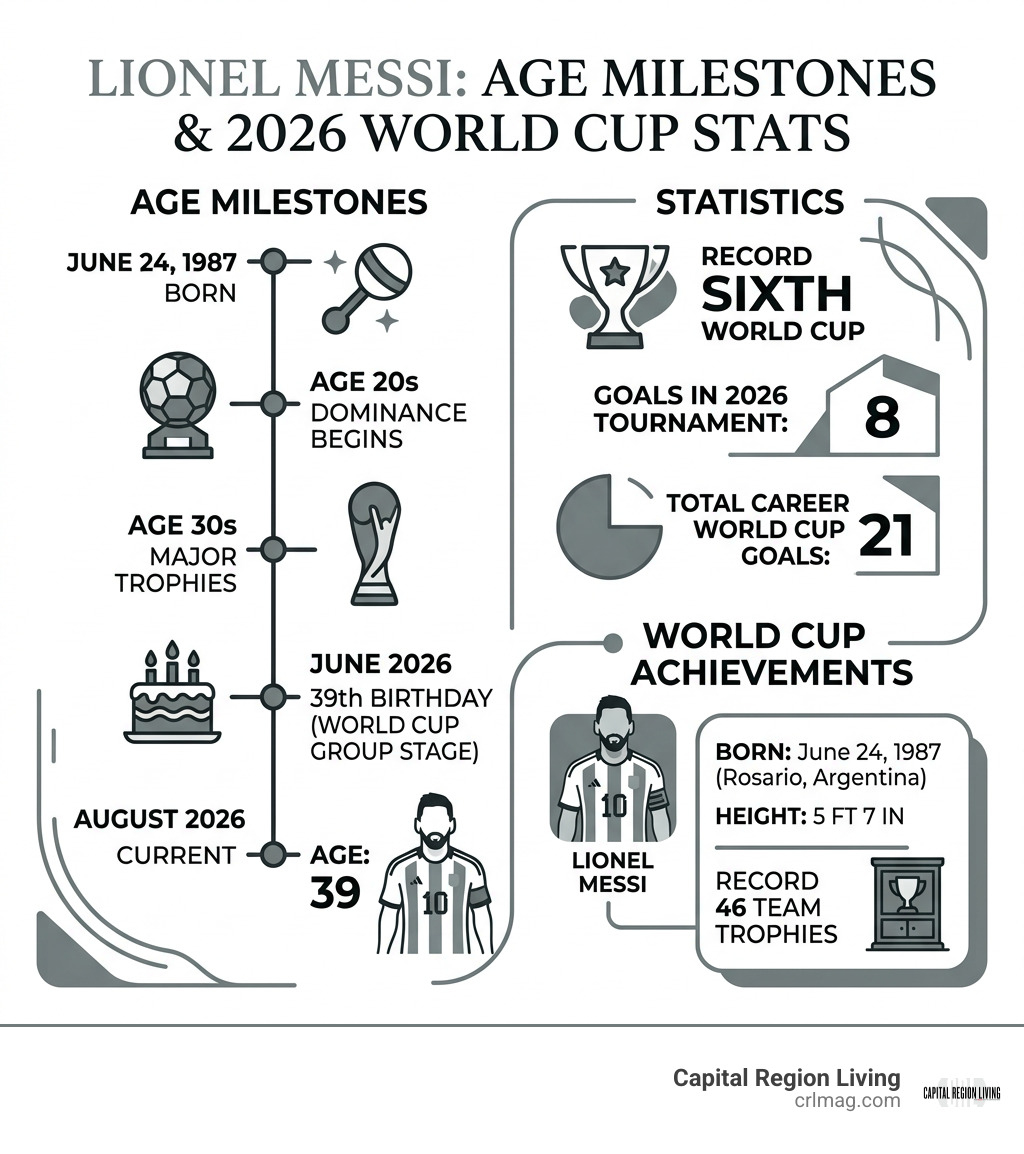 Lionel Messi age milestones and 2026 World Cup statistics infographic