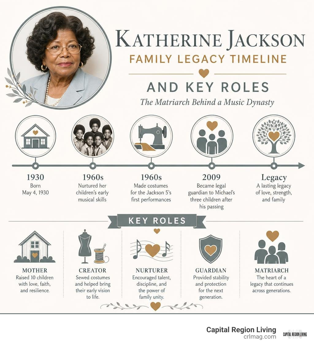 Katherine Jackson family legacy timeline and key roles infographic Katherine Jackson family legacy timeline and key roles infographic