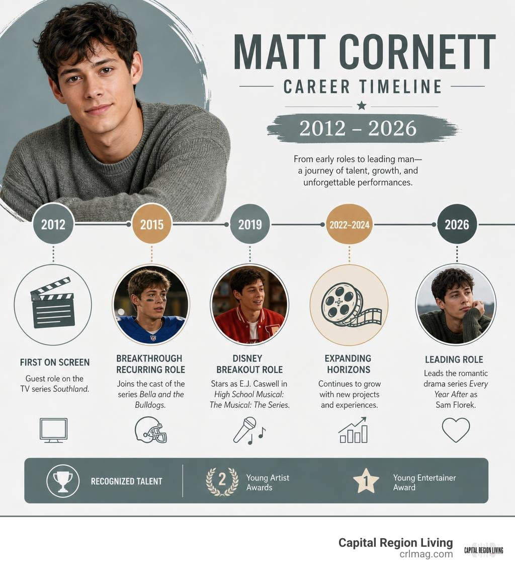 Matt Cornett career timeline from 2012 to 2026 infographic Matt Cornett career timeline from 2012 to 2026 infographic