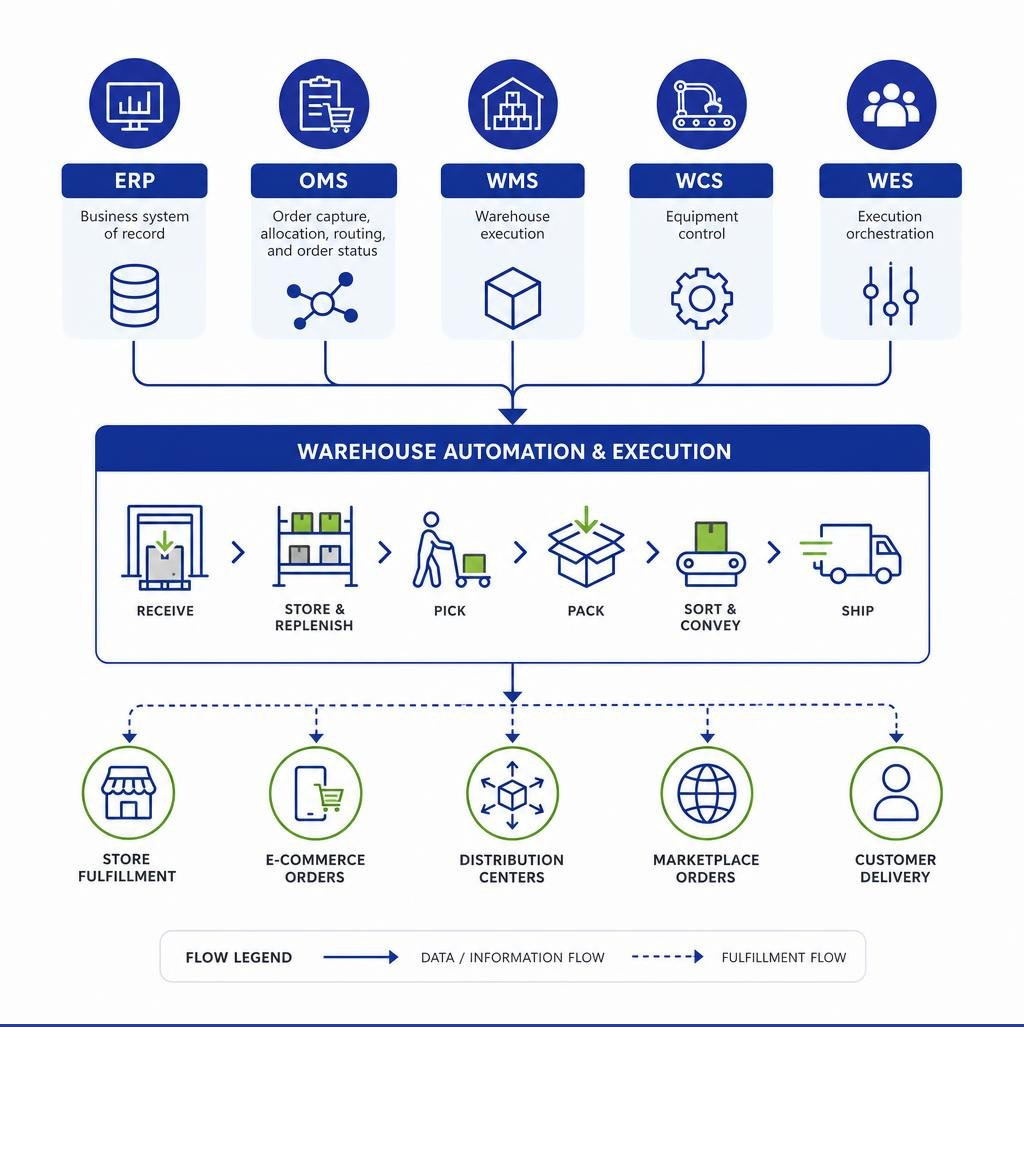 Mobile-readable diagram showing ERP, OMS, WMS, WCS, and WES data flows into warehouse automation and fulfillment execution