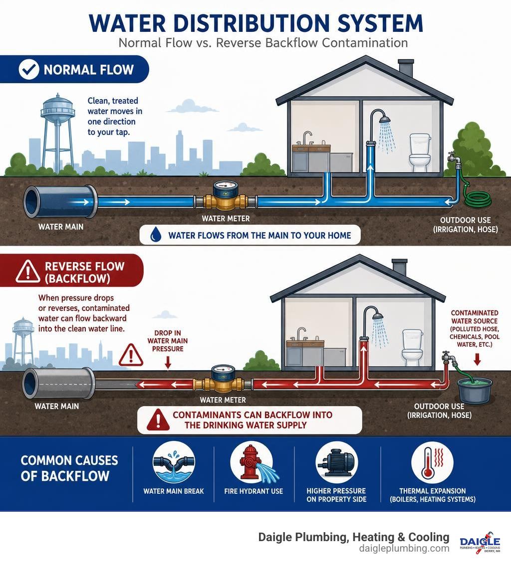 Water distribution system showing normal flow vs reverse backflow contamination infographic Water distribution system showing normal flow vs reverse backflow contamination infographic