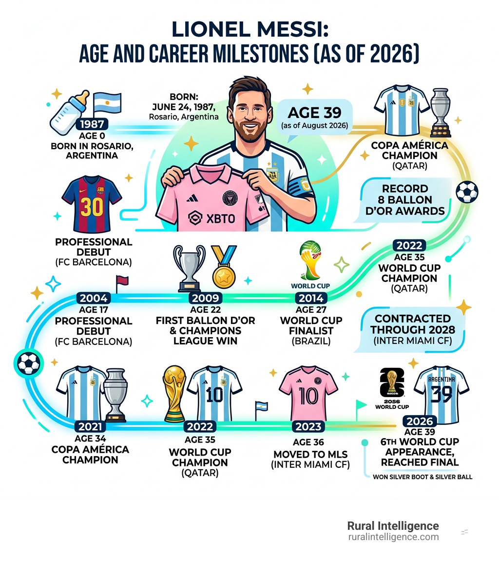 Lionel Messi age and career milestone overview infographic Lionel Messi age and career milestone overview infographic