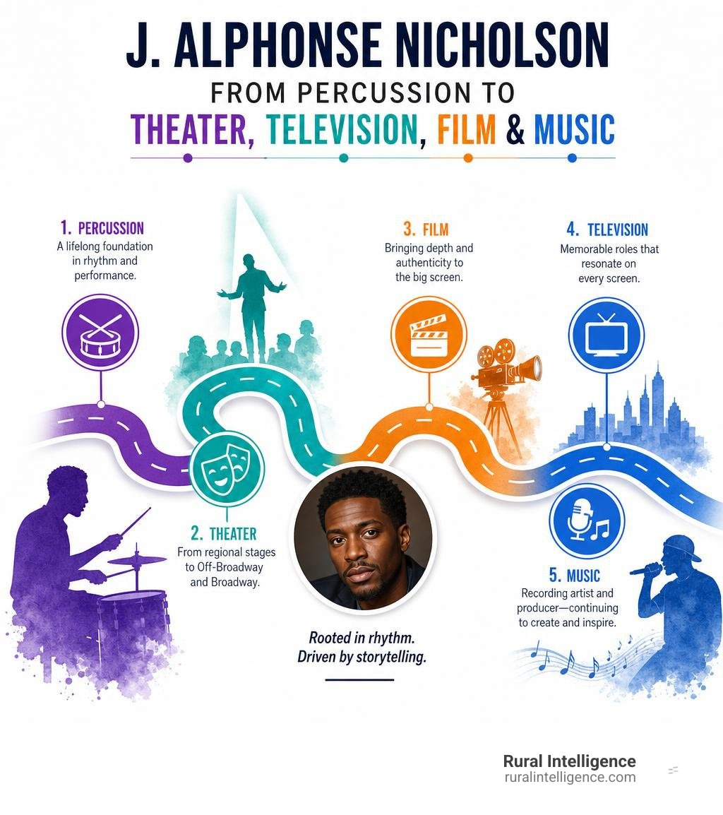 J. Alphonse Nicholson career path from percussion to theater television film and music infographic