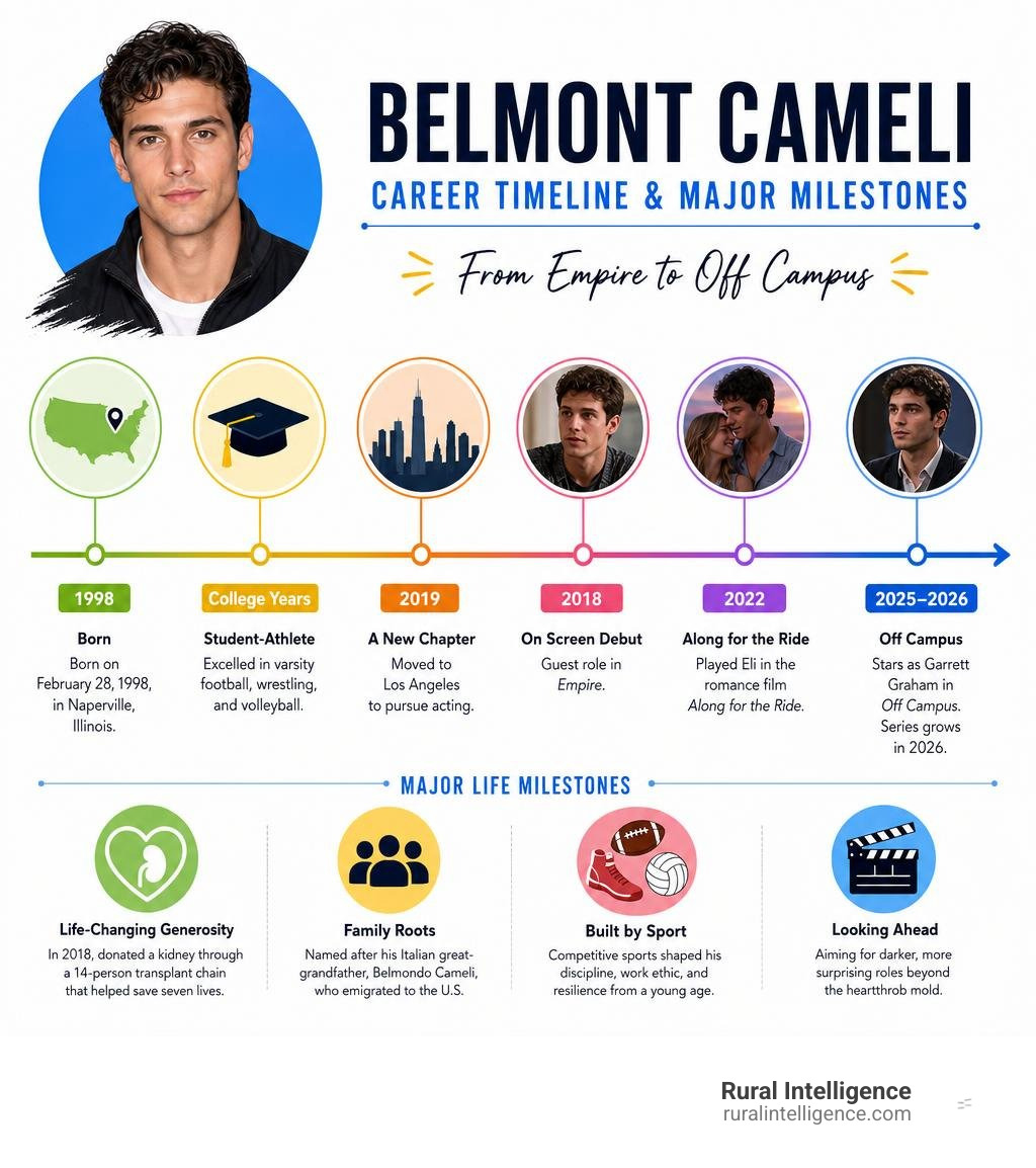 Belmont Cameli career timeline from Empire to Off Campus and major life milestones infographic