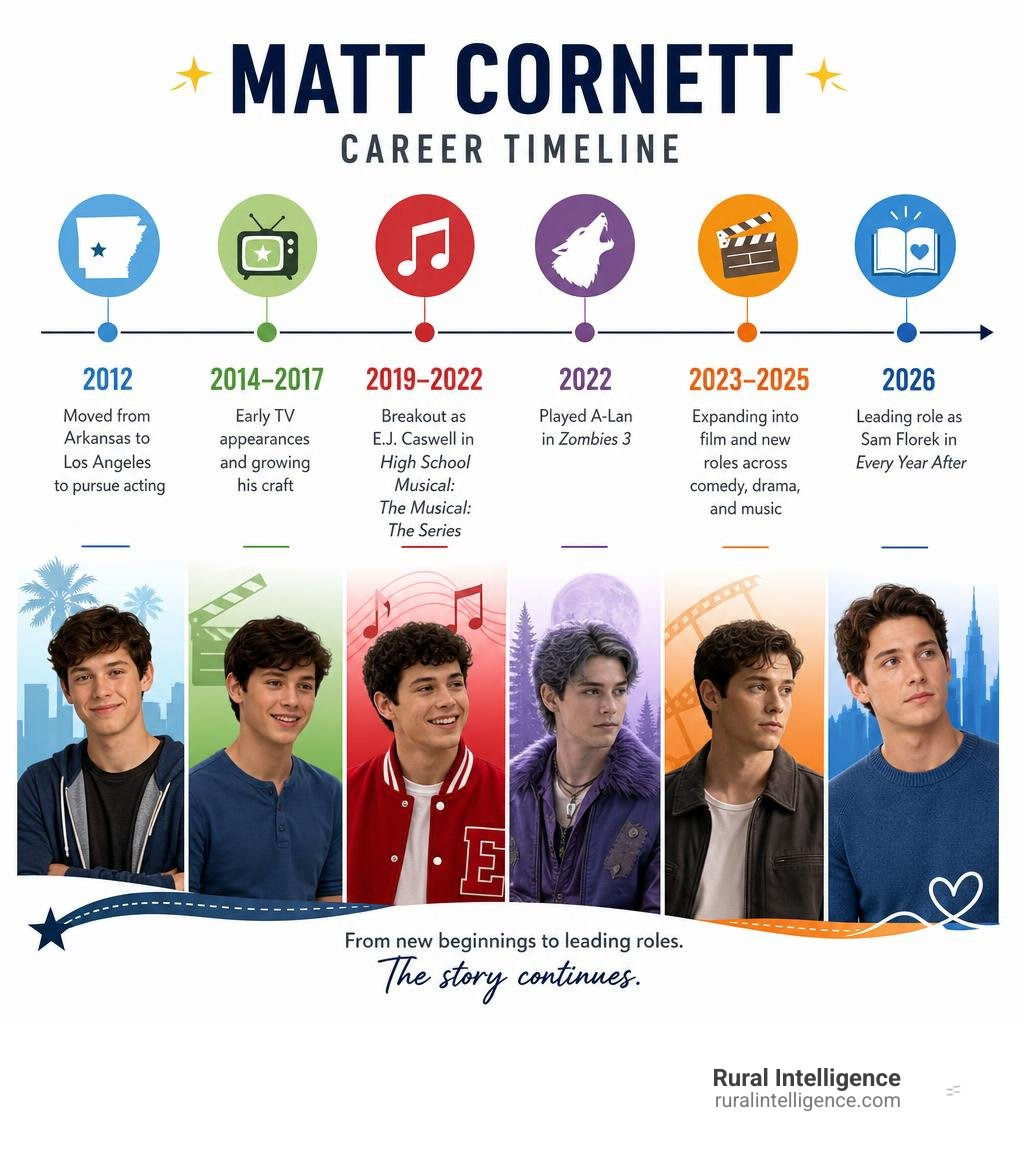 Matt Cornett career timeline from Arkansas move in 2012 to Every Year After in 2026 infographic