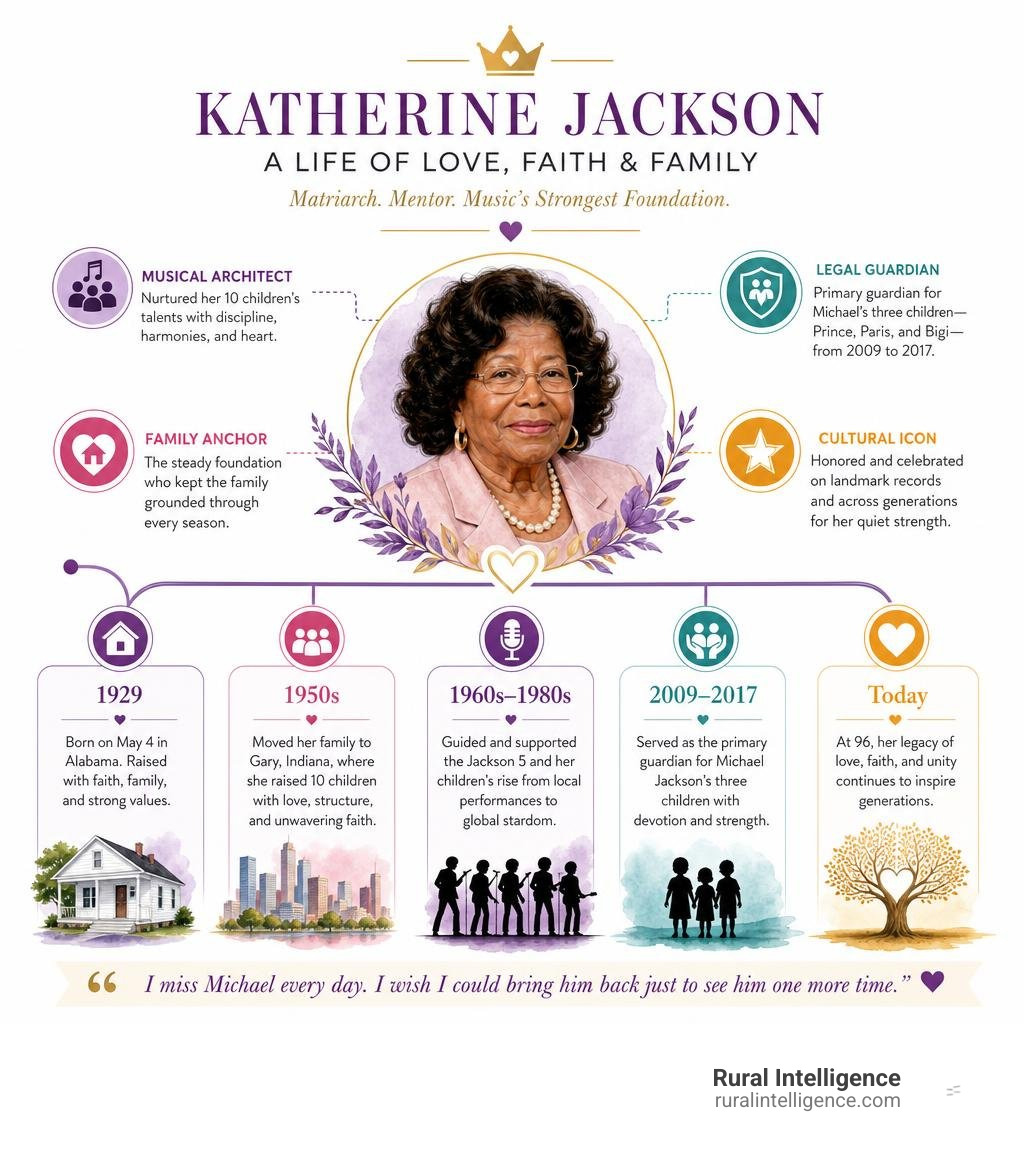 Overview of Katherine Jackson's key life milestones and matriarchal timeline infographic