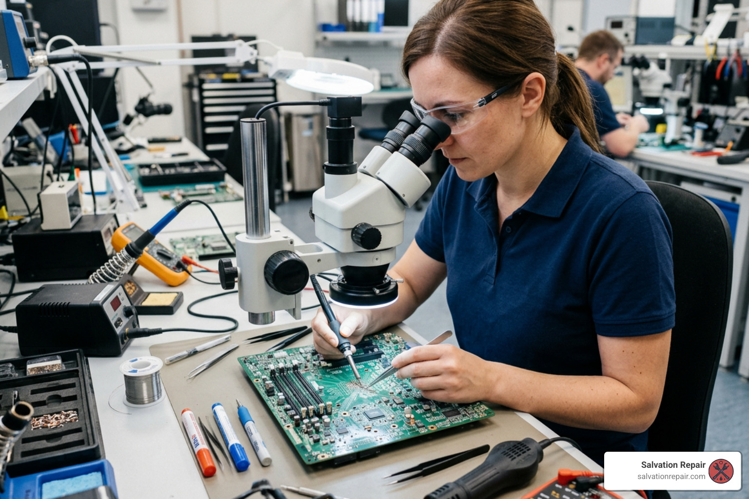 Micro-soldering technician repairing lifted motherboard traces
