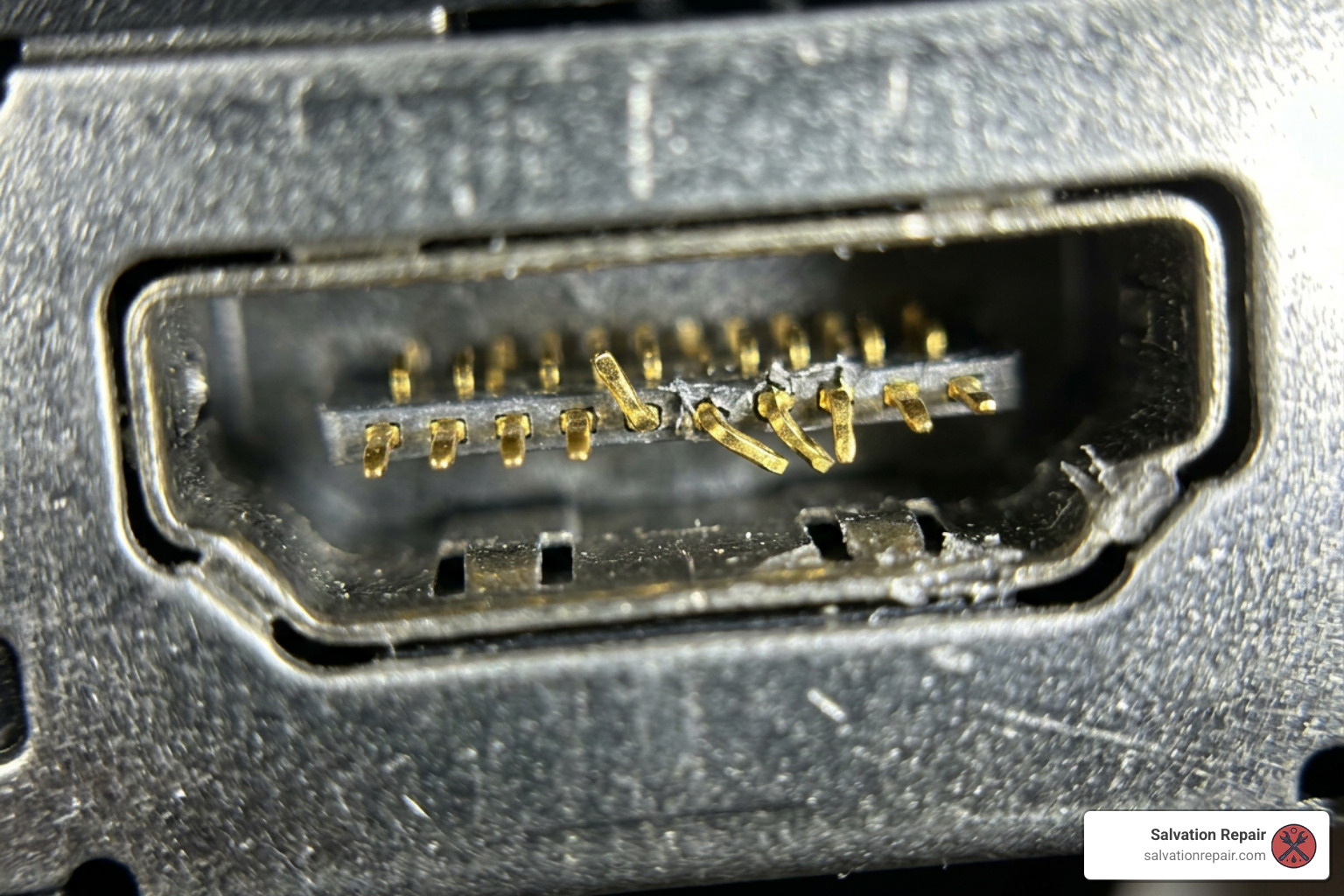 Close-up of bent HDMI pins under a digital microscope