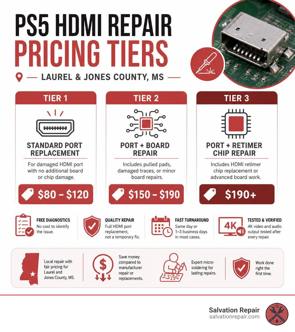 PS5 HDMI repair pricing tiers in Laurel and Jones County MS infographic