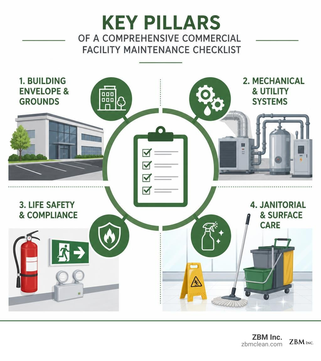 Key pillars of a comprehensive commercial facility maintenance checklist infographic Key pillars of a comprehensive commercial facility maintenance checklist infographic
